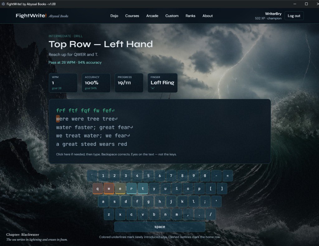 FightWrite in action — Top Row Left Hand drill with WPM, accuracy, finger guide, and on-screen keyboard