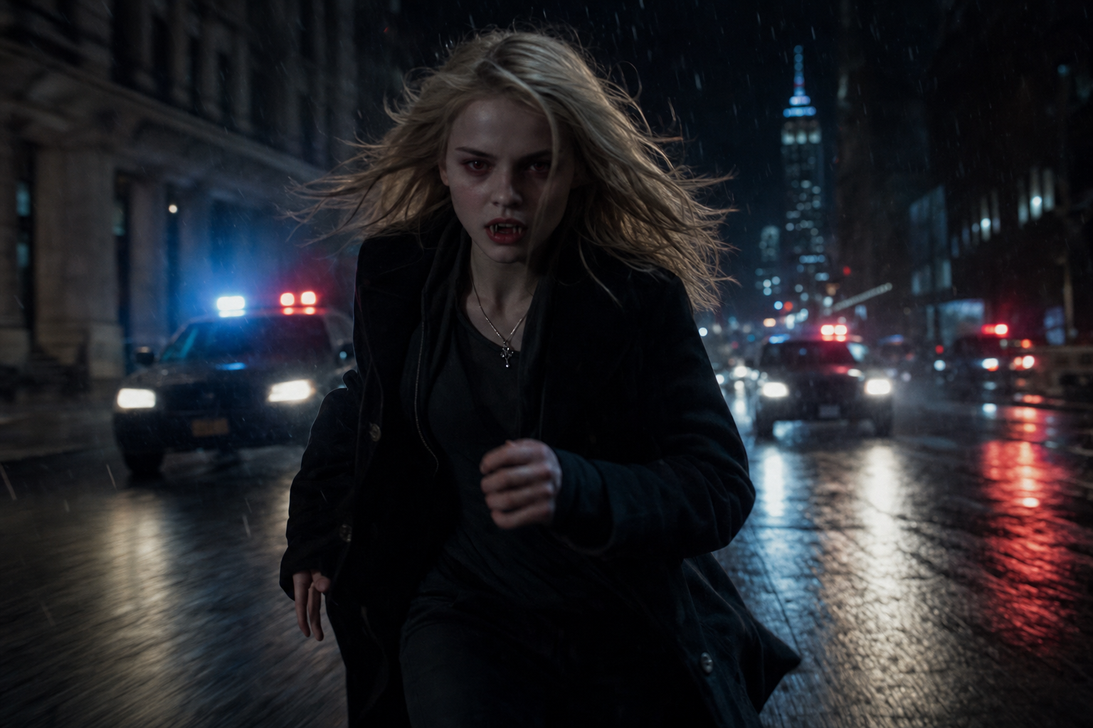 A young vampire woman running through rainy New York City at night, pursued by police lights