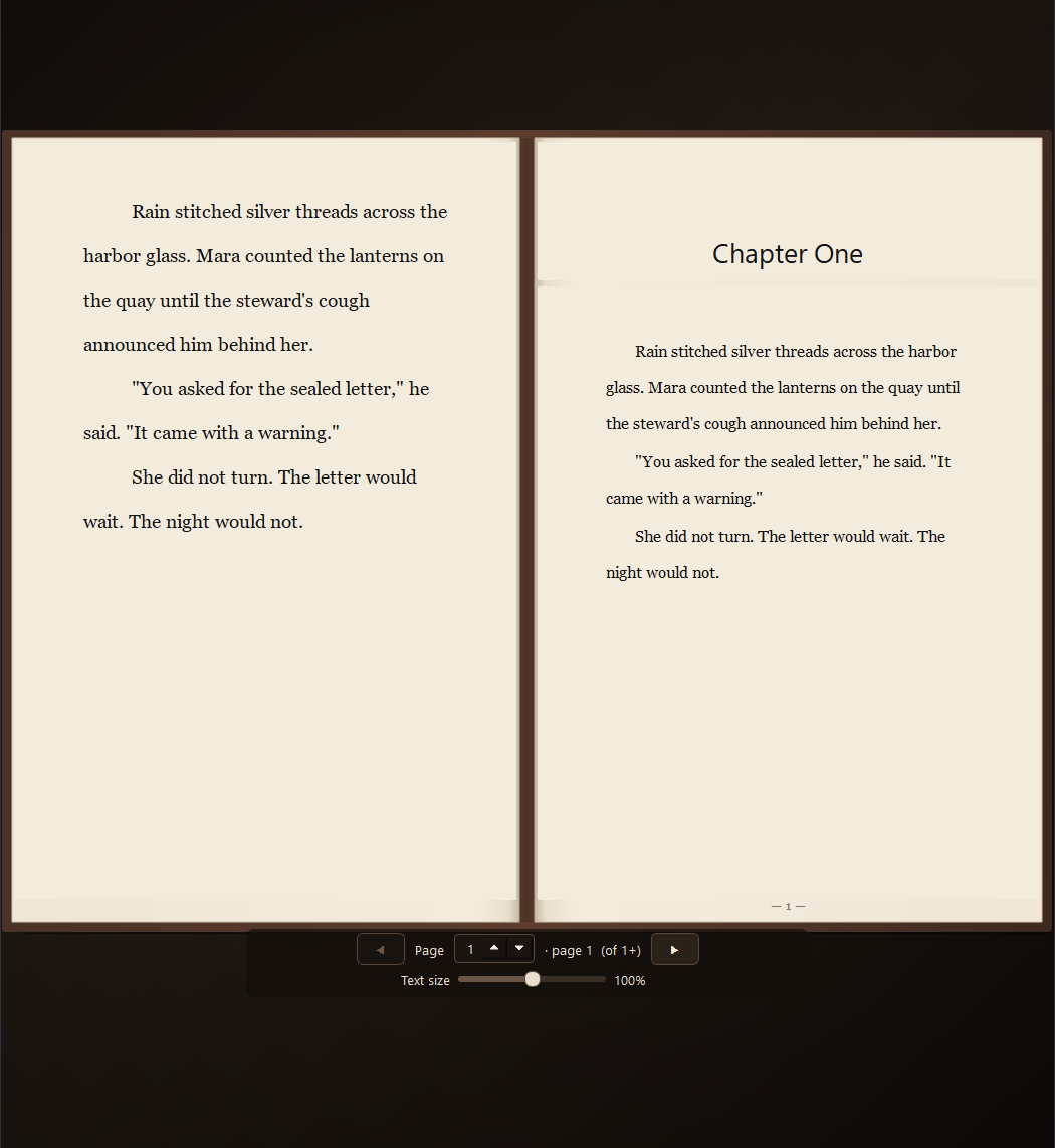 Paperback page view in Nightscribe