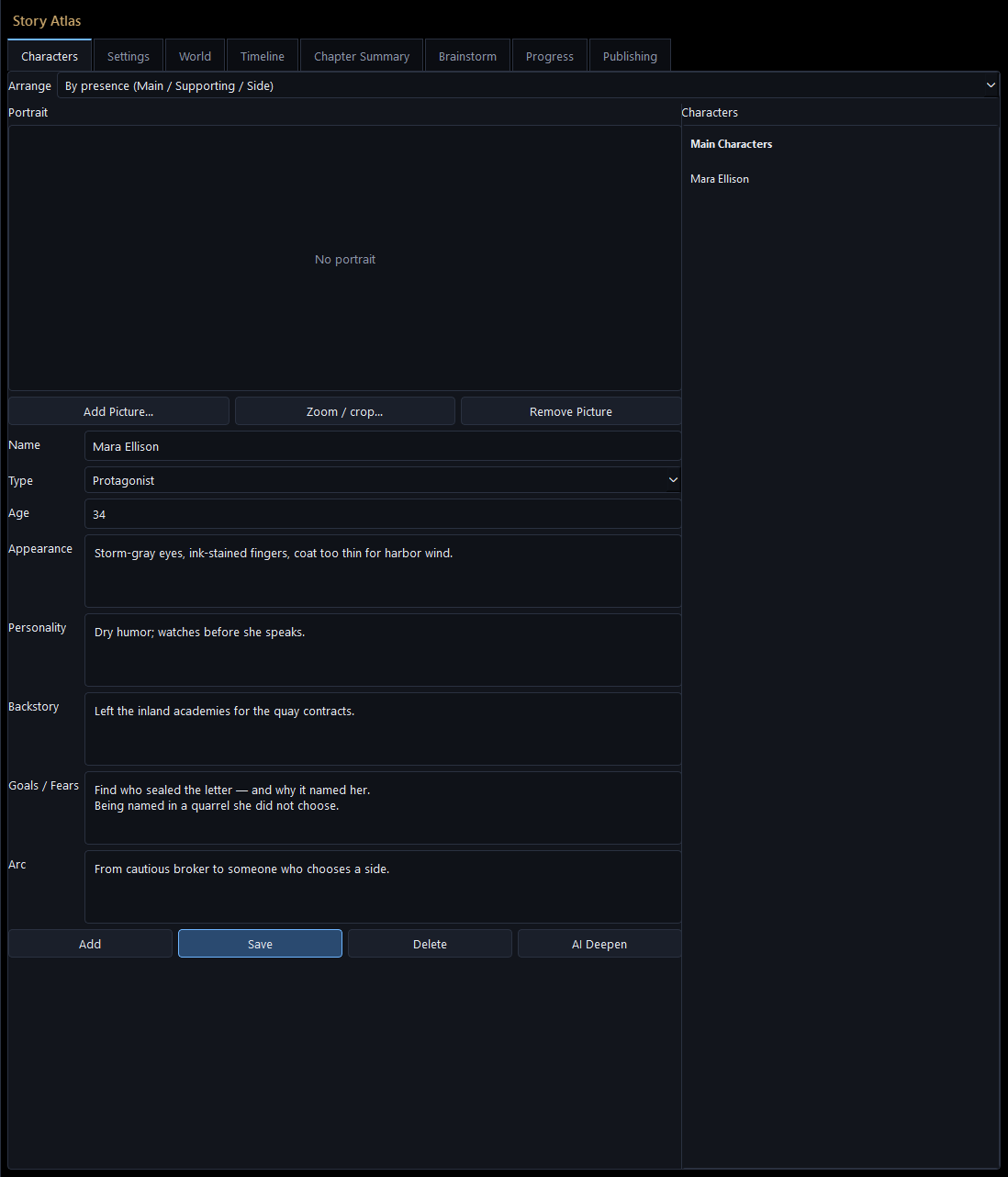 Story Atlas characters tab